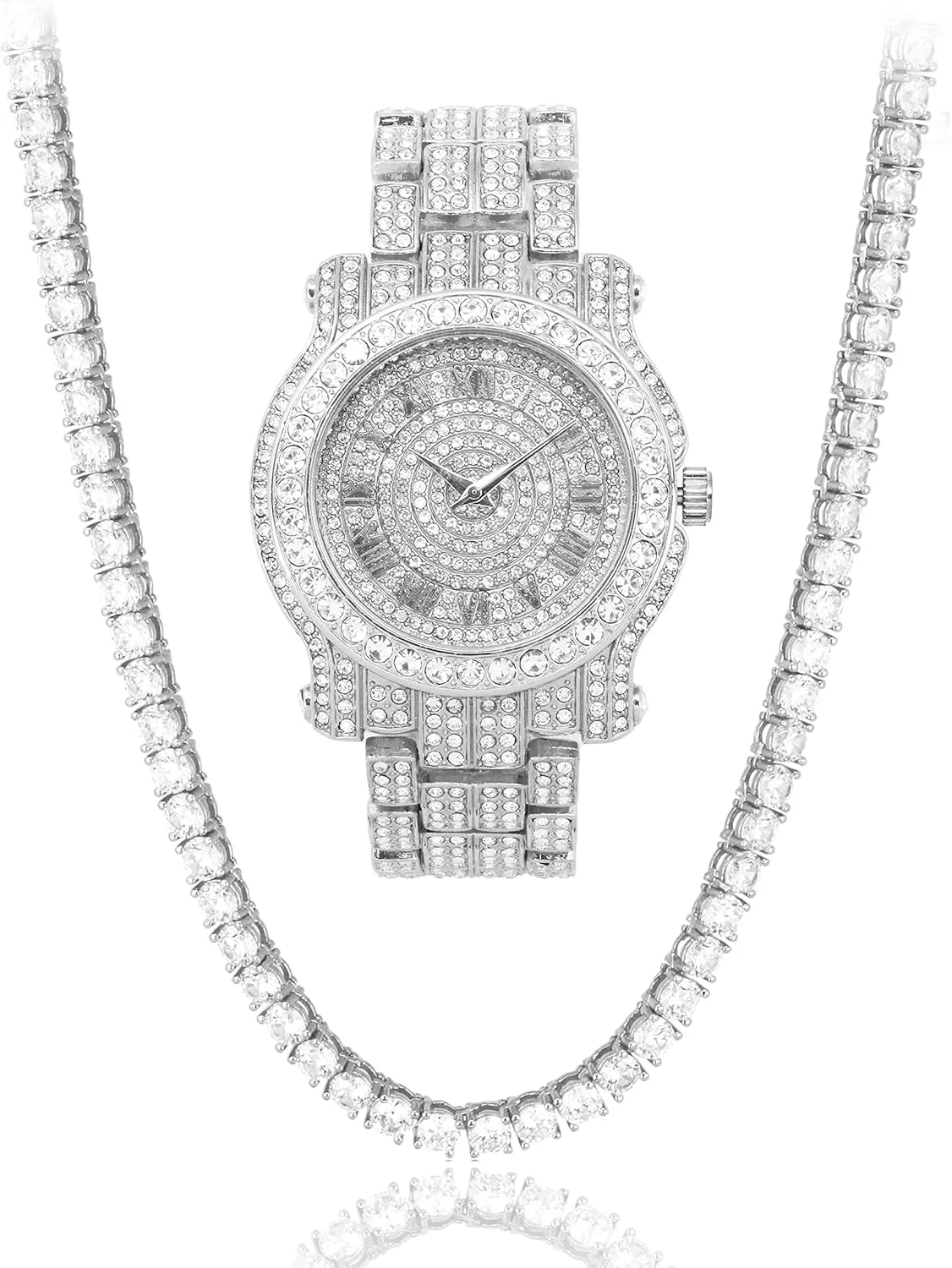 perspective accordion premium costume Chain Set, Quartz Movement Techno Pave Men's 45mm Iced Out Roman Dial Watch & 