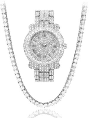 perspective accordion premium costume Chain Set, Quartz Movement Techno Pave Men's 45mm Iced Out Roman Dial Watch & 