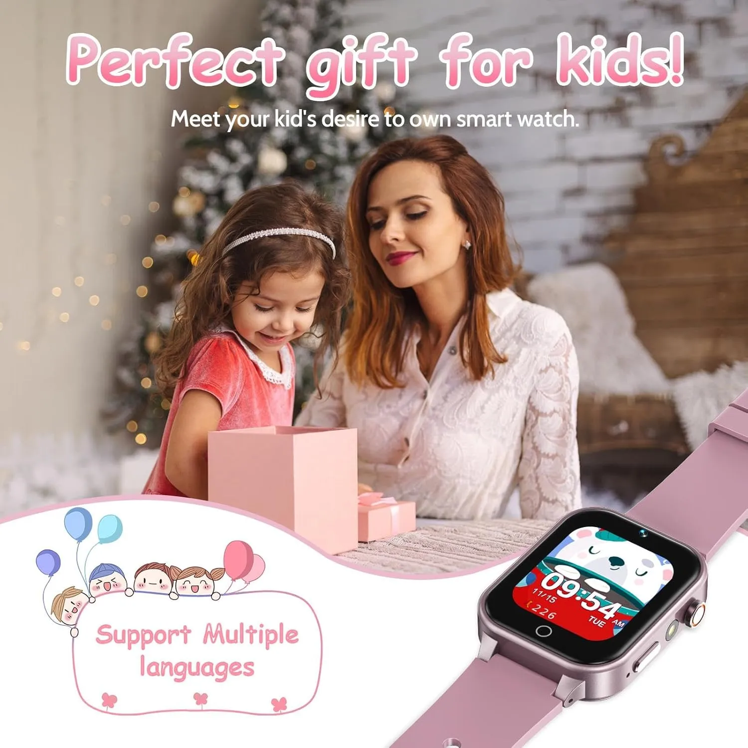 Player Learning Card, Birthday Gift for 3-12 Years Children (Pink) 1.5 Inches Kids Smart Watch for Boys Girls, squash tooth 26 Puzzle Games, Smartwatch with Camera, Pedometer, Video Voice Music 