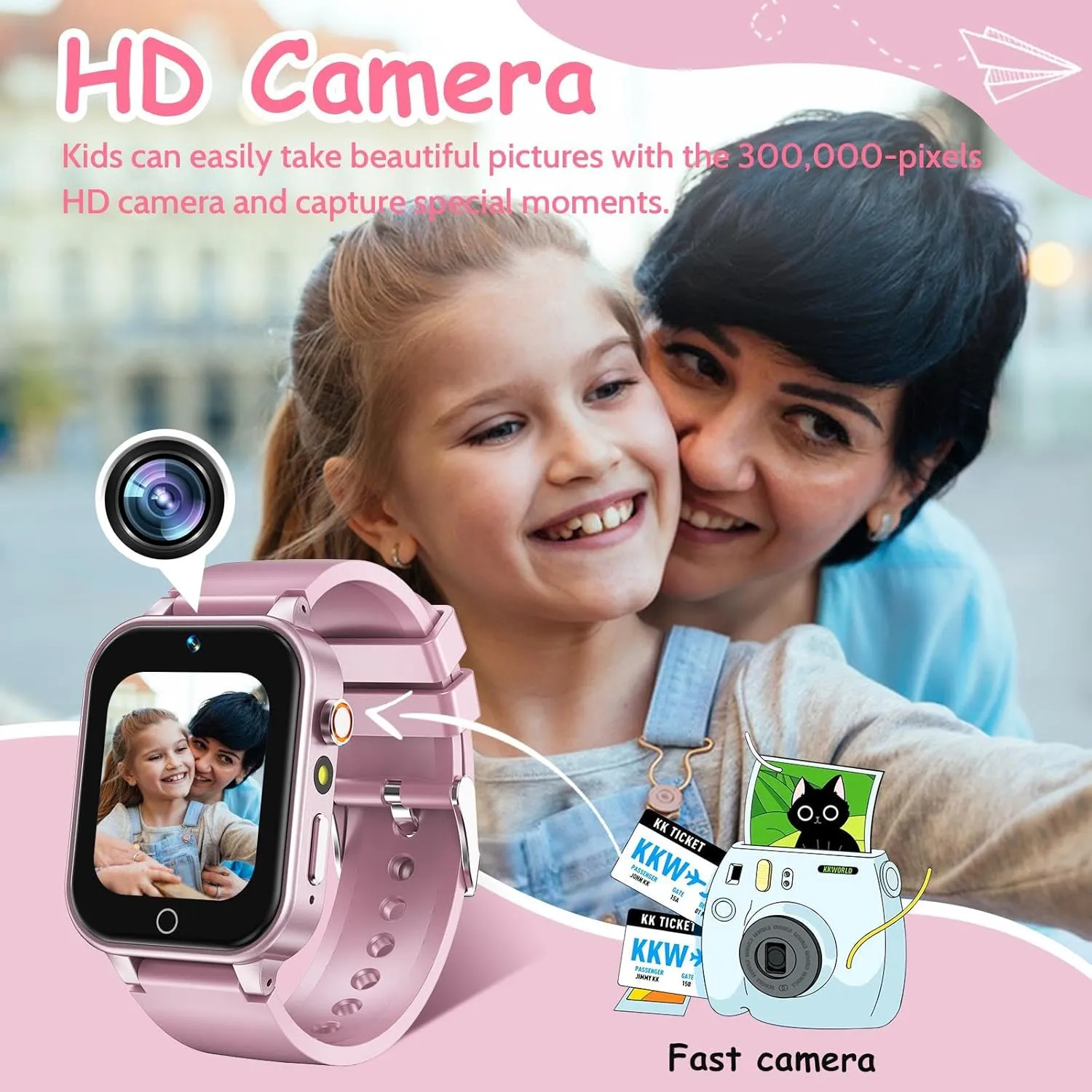 Player Learning Card, Birthday Gift for 3-12 Years Children (Pink) 1.5 Inches Kids Smart Watch for Boys Girls, squash tooth 26 Puzzle Games, Smartwatch with Camera, Pedometer, Video Voice Music 