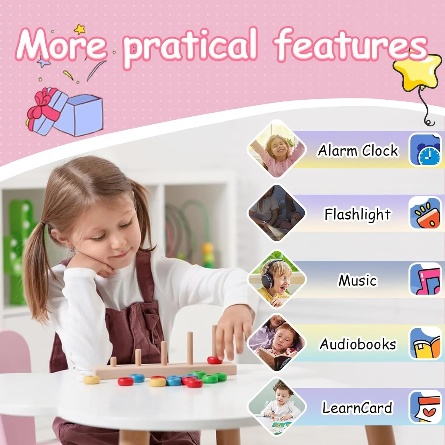 Player Learning Card, Birthday Gift for 3-12 Years Children (Pink) 1.5 Inches Kids Smart Watch for Boys Girls, squash tooth 26 Puzzle Games, Smartwatch with Camera, Pedometer, Video Voice Music 