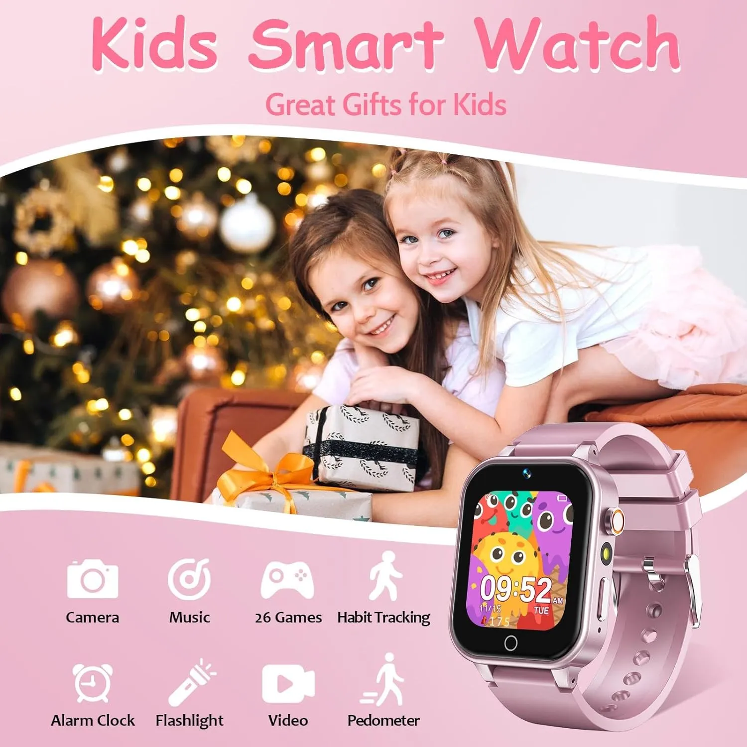 Player Learning Card, Birthday Gift for 3-12 Years Children (Pink) 1.5 Inches Kids Smart Watch for Boys Girls, squash tooth 26 Puzzle Games, Smartwatch with Camera, Pedometer, Video Voice Music 