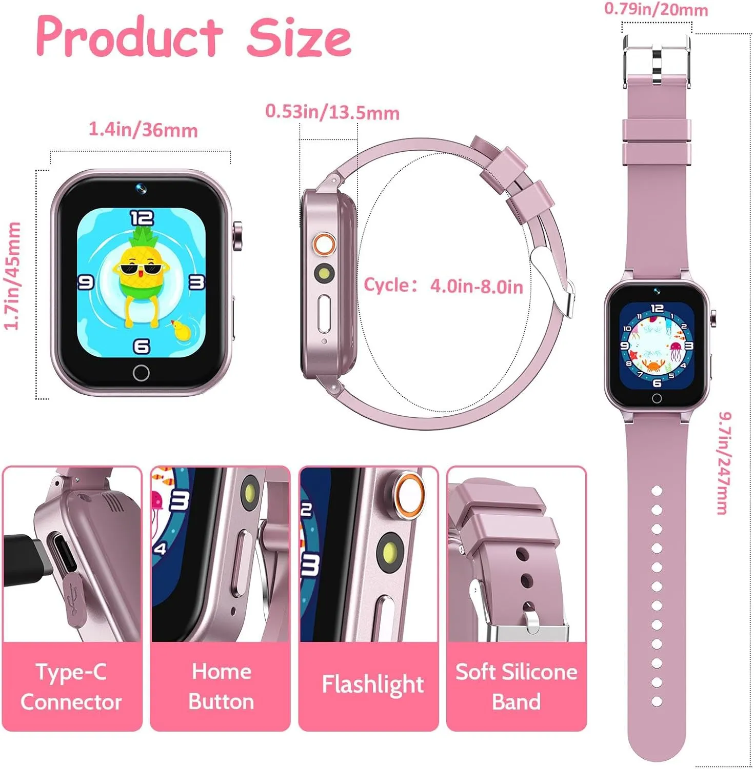 Player Learning Card, Birthday Gift for 3-12 Years Children (Pink) 1.5 Inches Kids Smart Watch for Boys Girls, squash tooth 26 Puzzle Games, Smartwatch with Camera, Pedometer, Video Voice Music 