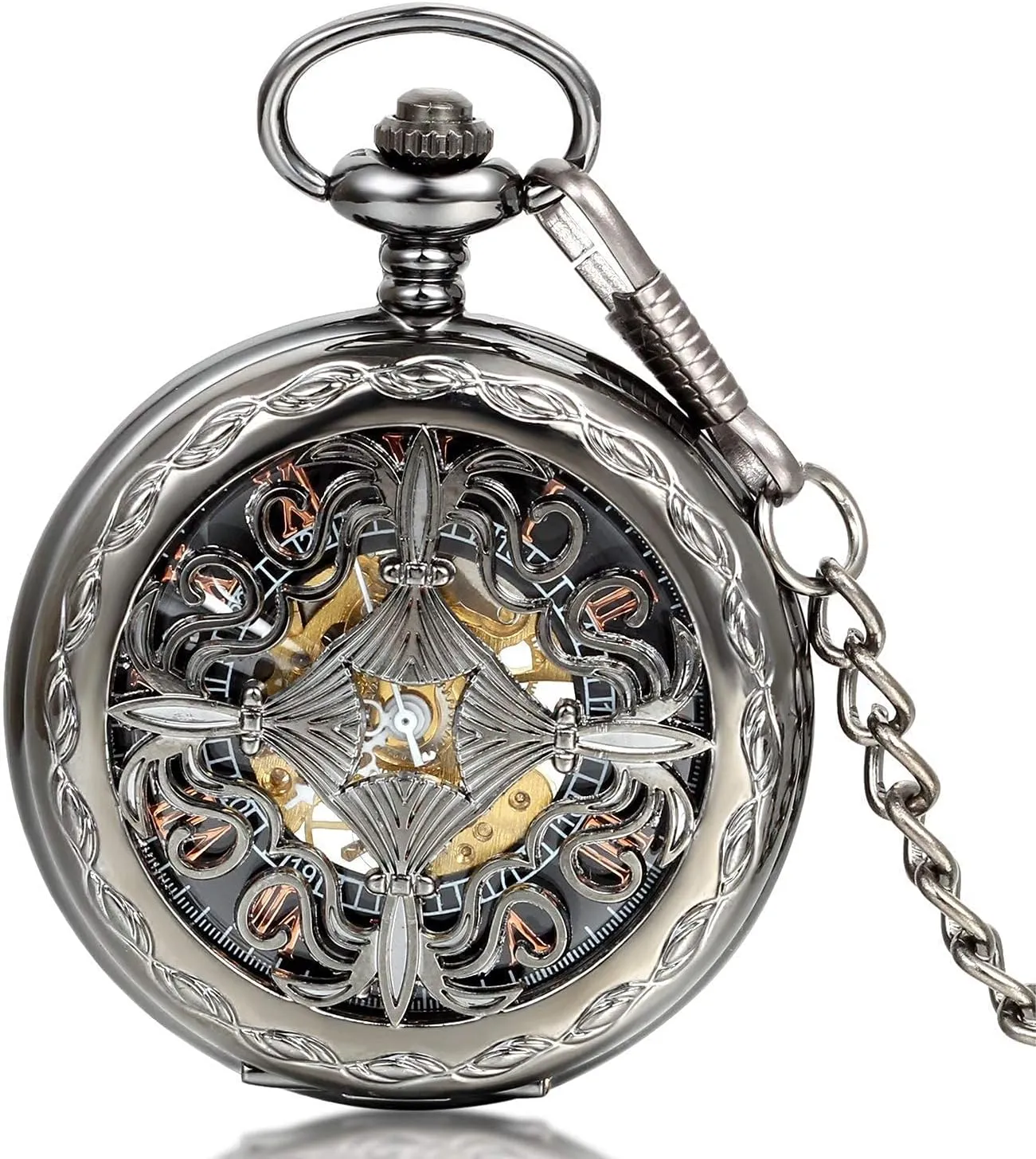 Pocket Fob Watch Mechanical stride rare Black Dial Celtic Knot Hollow with Gift Bag Pocket Watch -case 