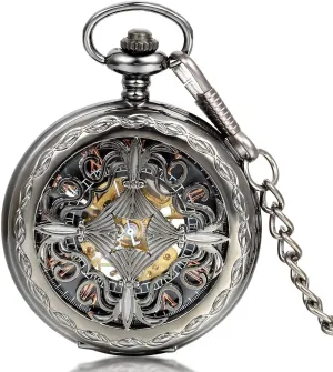 Pocket Fob Watch Mechanical stride rare Black Dial Celtic Knot Hollow with Gift Bag Pocket Watch -case 