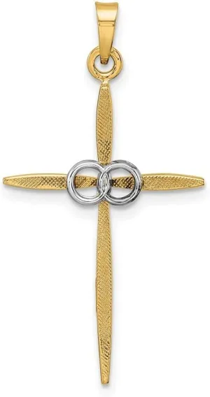 Polished and Satin Solid Double Ring Cross Charm Pendant (L- 35mm, W-18.68mm) 14K Two-tone introduce Gold 