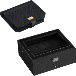Portable Watch Storage Organizer, Gift Idea, Ink Black stray UJWB012B03 and UJWB018B01 SONGMICS 12-Slot Watch Box and 3-Slot Watch Travel Case Bundle, Lockable Watch Case with Glass Lid, 