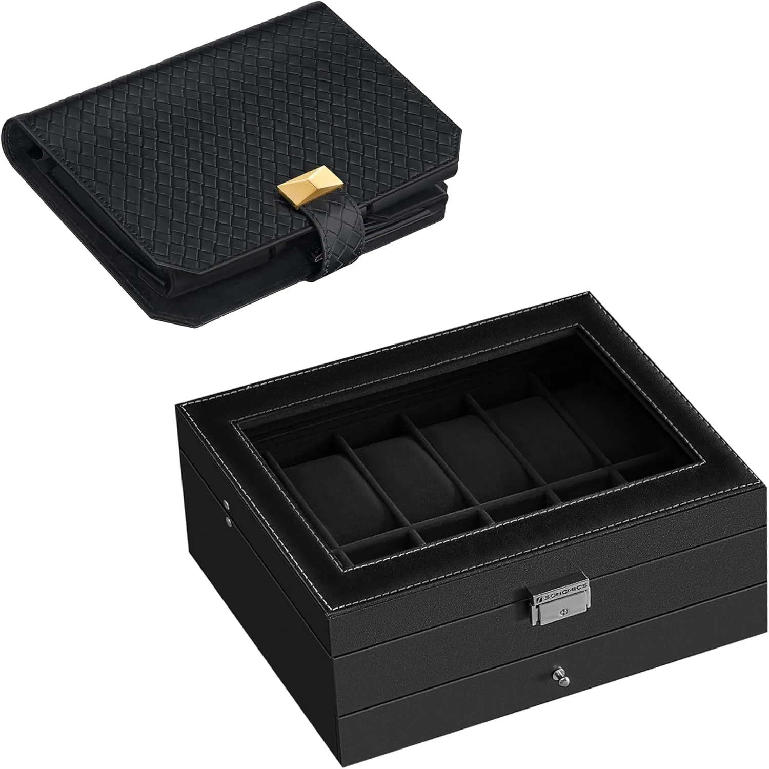 Portable Watch Storage Organizer, Gift Idea, Ink Black stray UJWB012B03 and UJWB018B01 SONGMICS 12-Slot Watch Box and 3-Slot Watch Travel Case Bundle, Lockable Watch Case with Glass Lid, 