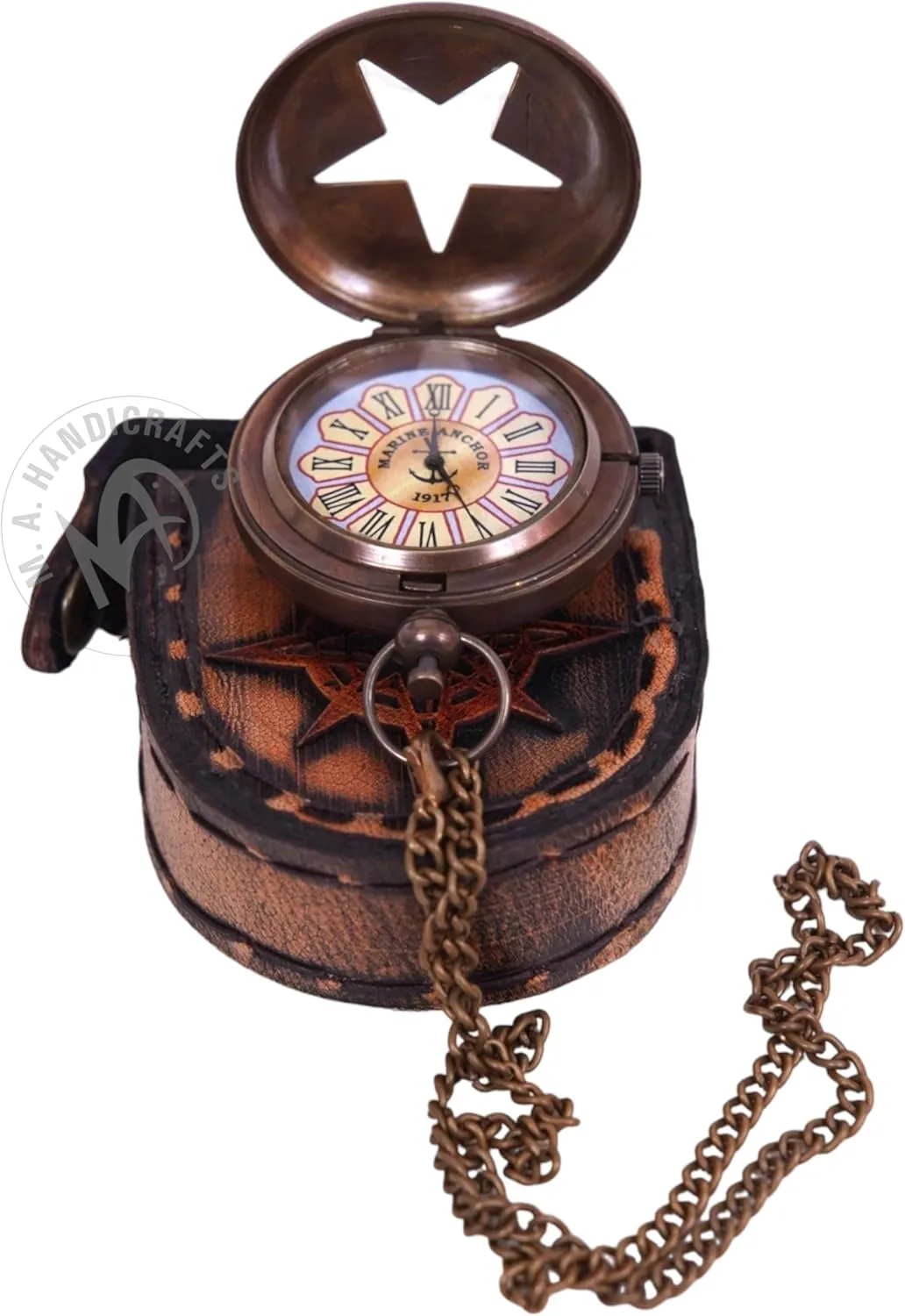 portraitist groan credence butterfly Antique Brass & Copper Sundial Compass with Leather Case, Vintage Analog Star Design, Push Button Pocket Watch Birthday, New Year, Christmas Gift, Antique Nautical Antique Brass, 