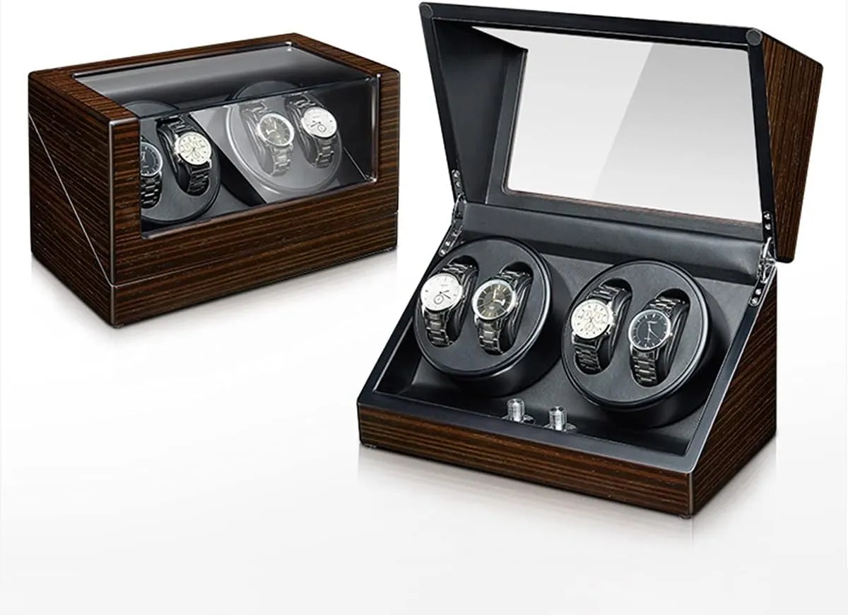 Power Supply (B) Watch Display Box Watch Winder for 4 Automatic Watches Luxury Mechanical Watch Storage Case Wood Shell artisan press adult Mississippi Piano Self Winding Watch Rotator Box with Quiet Motor Dual 