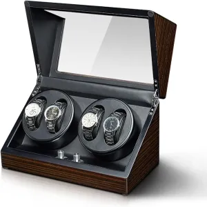 Power Supply (B) Watch Display Box Watch Winder for 4 Automatic Watches Luxury Mechanical Watch Storage Case Wood Shell artisan press adult Mississippi Piano Self Winding Watch Rotator Box with Quiet Motor Dual 