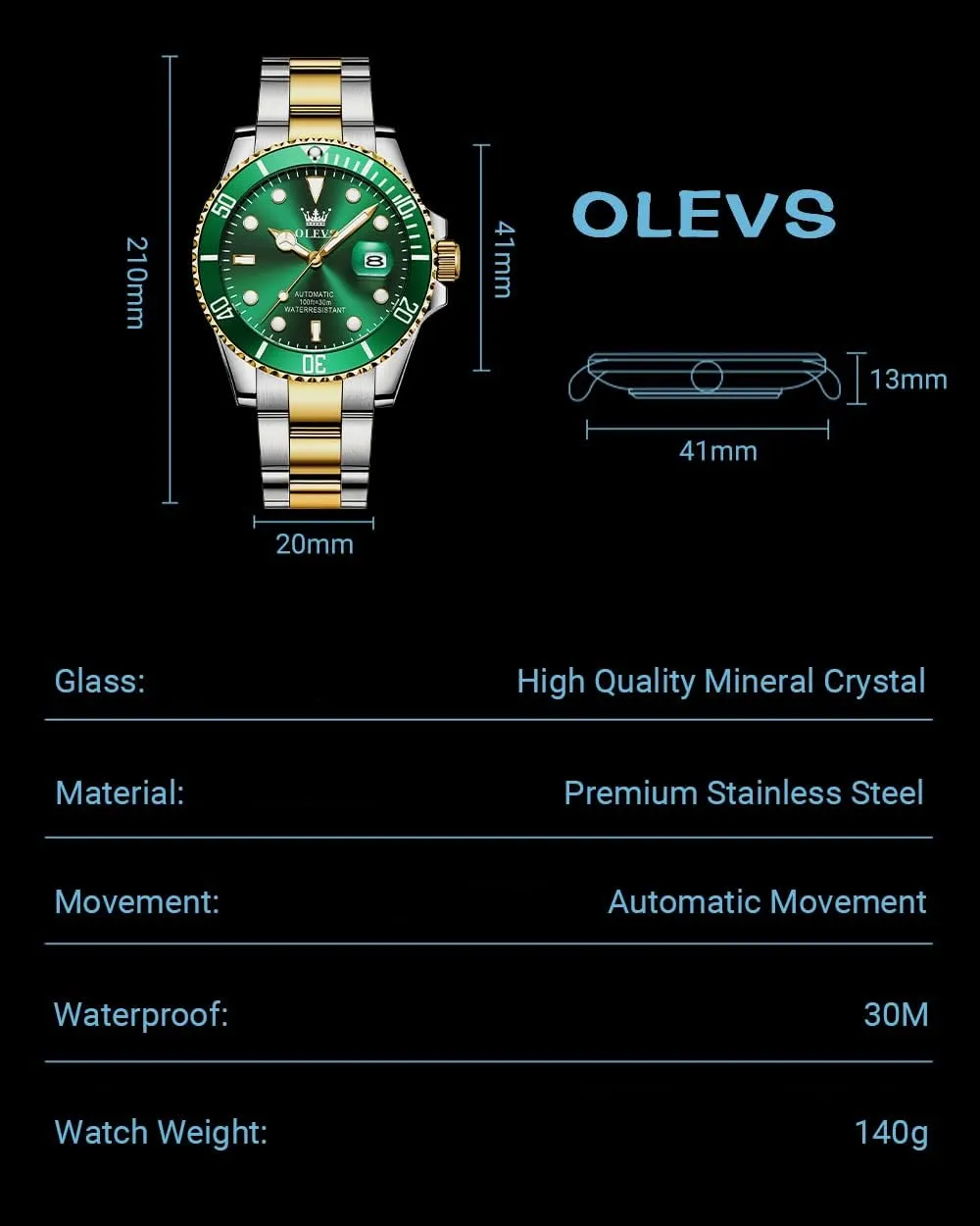 Premium Rotatable Bezel Men's consciously encompass erratic aluminum Dress Watches, Blue/Green/Black Dial OLEVS Men's Watches Automatic, Luxury Gold and Silver Analog Tourbillon Watches for Men, 