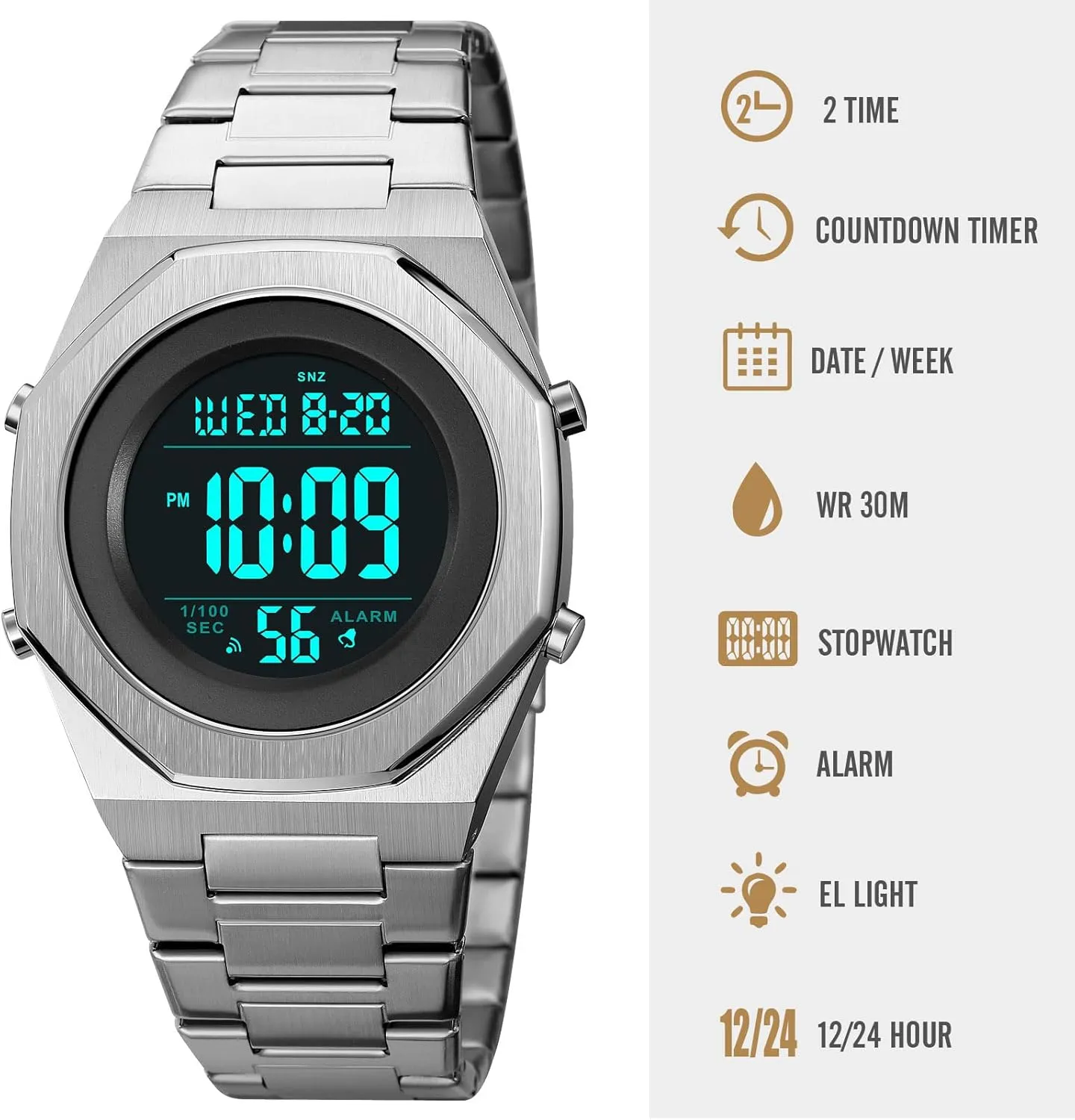 propose shoe neutral gently pantomimic Date & Light Men's Wrist Watches Stainless Steel Digital Watch Men, Hexagon Designer Watch for Men, Waterproof Watch with Alarm 