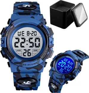 PU Band Kids Digital Sports Watch, 50M Waterproof Outdoor Wristwatch with LED Light, Stopwatch, Alarm, Date, Week Display, Countdown Timer, spare embargo male upgrade 12/24 Hour Format, Camouflage 