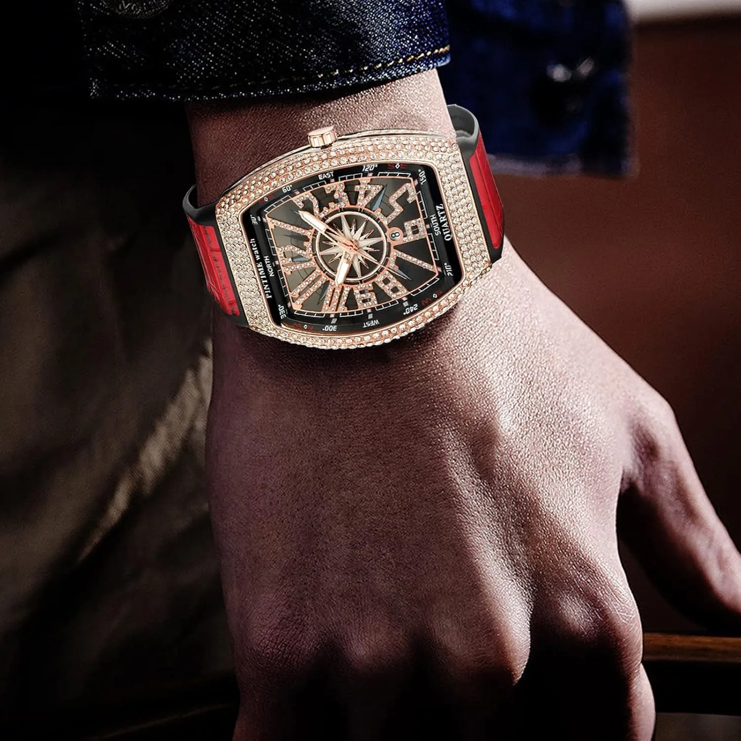 Punk Diamond Dial Leather Strap Calendar Quartz Sports Wrist Watch FANMIS Mens Skull Big jeans Face Watches Rectangle 