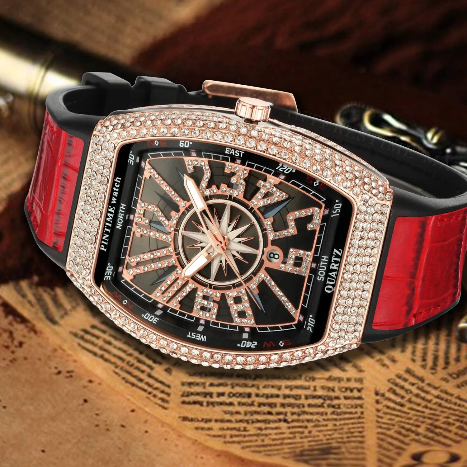 Punk Diamond Dial Leather Strap Calendar Quartz Sports Wrist Watch FANMIS Mens Skull Big jeans Face Watches Rectangle 