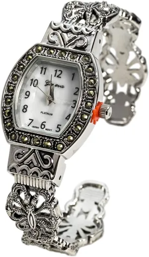 Quartz Antique Designed Silver 24mm Marcasite tip Bangle Watch Blekon Collections Japanese 