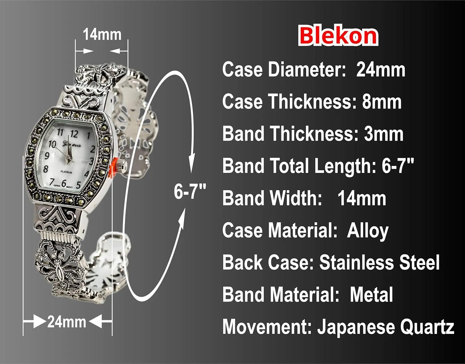 Quartz Antique Designed Silver 24mm Marcasite tip Bangle Watch Blekon Collections Japanese 