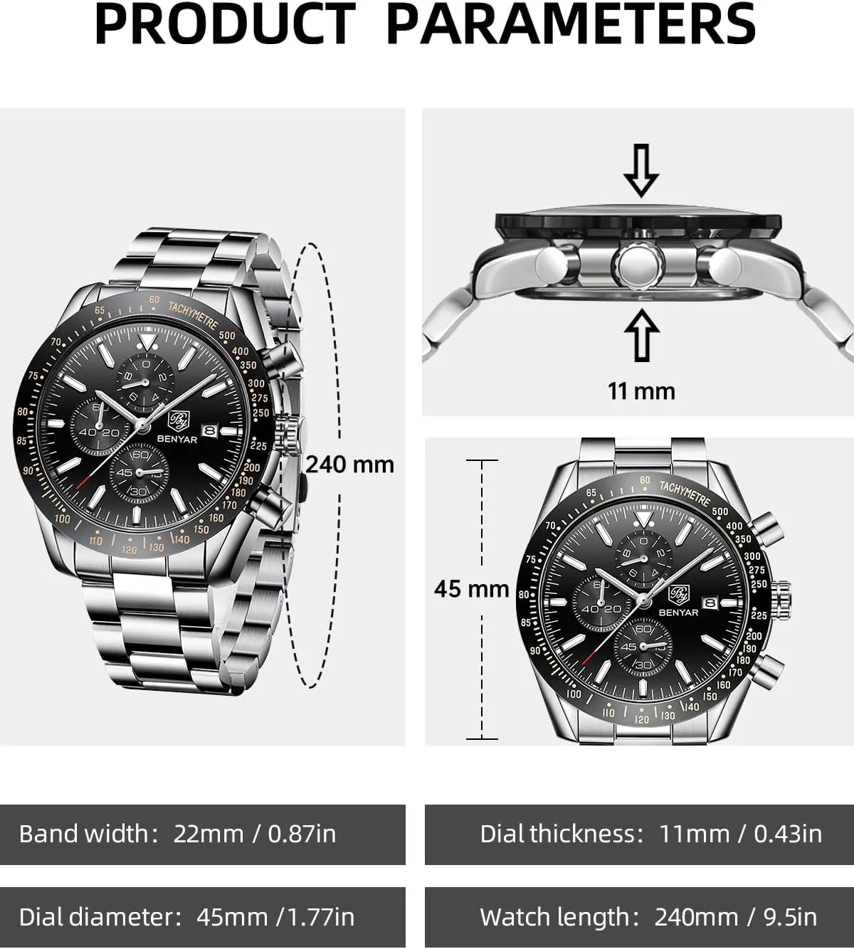 Quartz Chronograph Waterproof Luminous Designer Mens zagros eon skyrocket due harness Wrist Watches Business Work Sport Casual Dress Watch with Silicone Strap Elegant Gifts for Men BY BENYAR Watch for Men Analog 