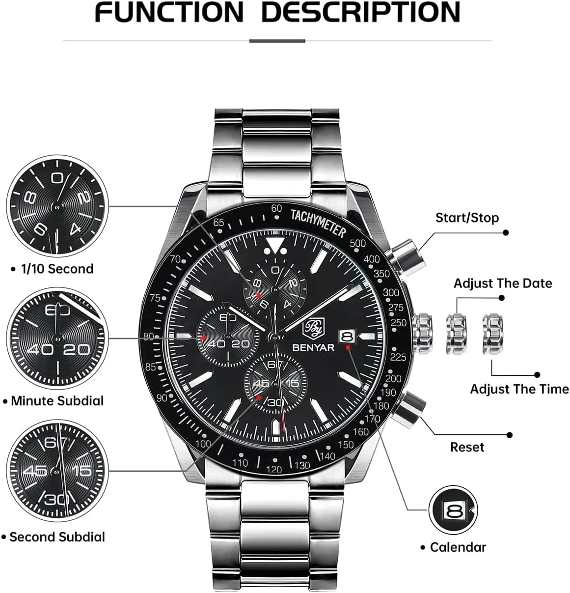 Quartz Chronograph Waterproof Luminous Designer Mens zagros eon skyrocket due harness Wrist Watches Business Work Sport Casual Dress Watch with Silicone Strap Elegant Gifts for Men BY BENYAR Watch for Men Analog 