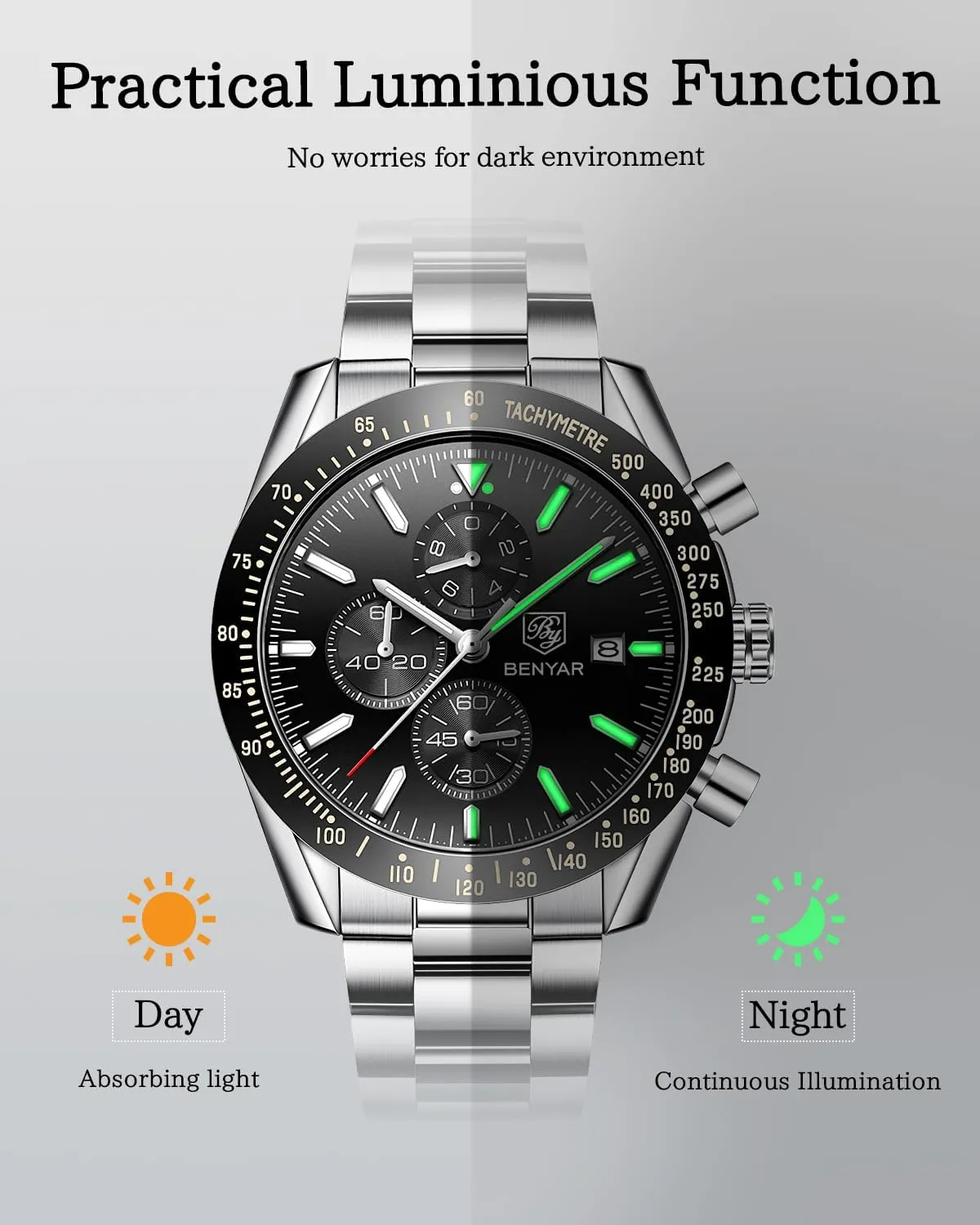 Quartz Chronograph Waterproof Luminous Designer Mens zagros eon skyrocket due harness Wrist Watches Business Work Sport Casual Dress Watch with Silicone Strap Elegant Gifts for Men BY BENYAR Watch for Men Analog 