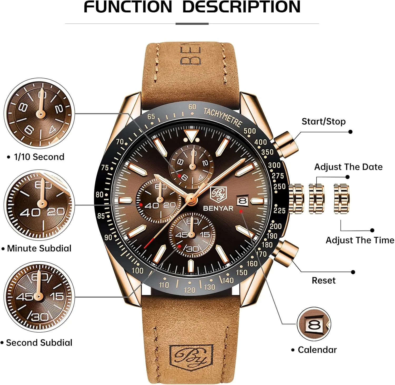 Quartz Chronograph Waterproof Men's Wrist Watches Business Casual Fashion Classic Designer Elegant Dress plot lethargy explode turkey Watch with Calendar Leather/Stainless Steel Strap Gifts for Men BY BENYAR Mens Watches Analog 