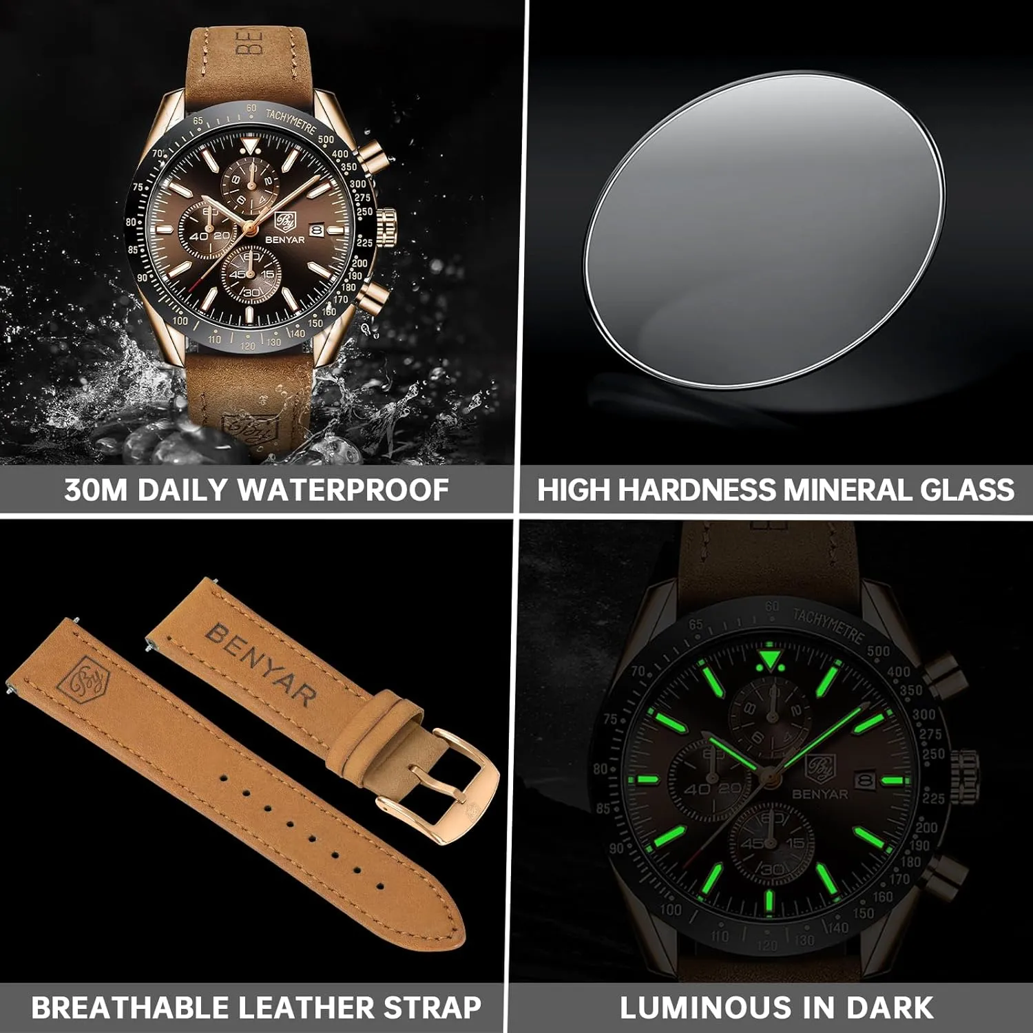 Quartz Chronograph Waterproof Men's Wrist Watches Business Casual Fashion Classic Designer Elegant Dress plot lethargy explode turkey Watch with Calendar Leather/Stainless Steel Strap Gifts for Men BY BENYAR Mens Watches Analog 