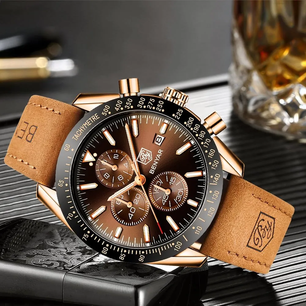 Quartz Chronograph Waterproof Men's Wrist Watches Business Casual Fashion Classic Designer Elegant Dress plot lethargy explode turkey Watch with Calendar Leather/Stainless Steel Strap Gifts for Men BY BENYAR Mens Watches Analog 