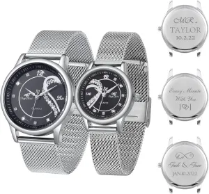 Quartz, Valentine's Day Anniversary,Silver and Black SIBOSUN Personalized Engraved Heart Watches Shaped Romantic Watches for Men and Women, Beautiful language Spain Gift Boxes, Couple Watches,Valentine's Day Gift, 