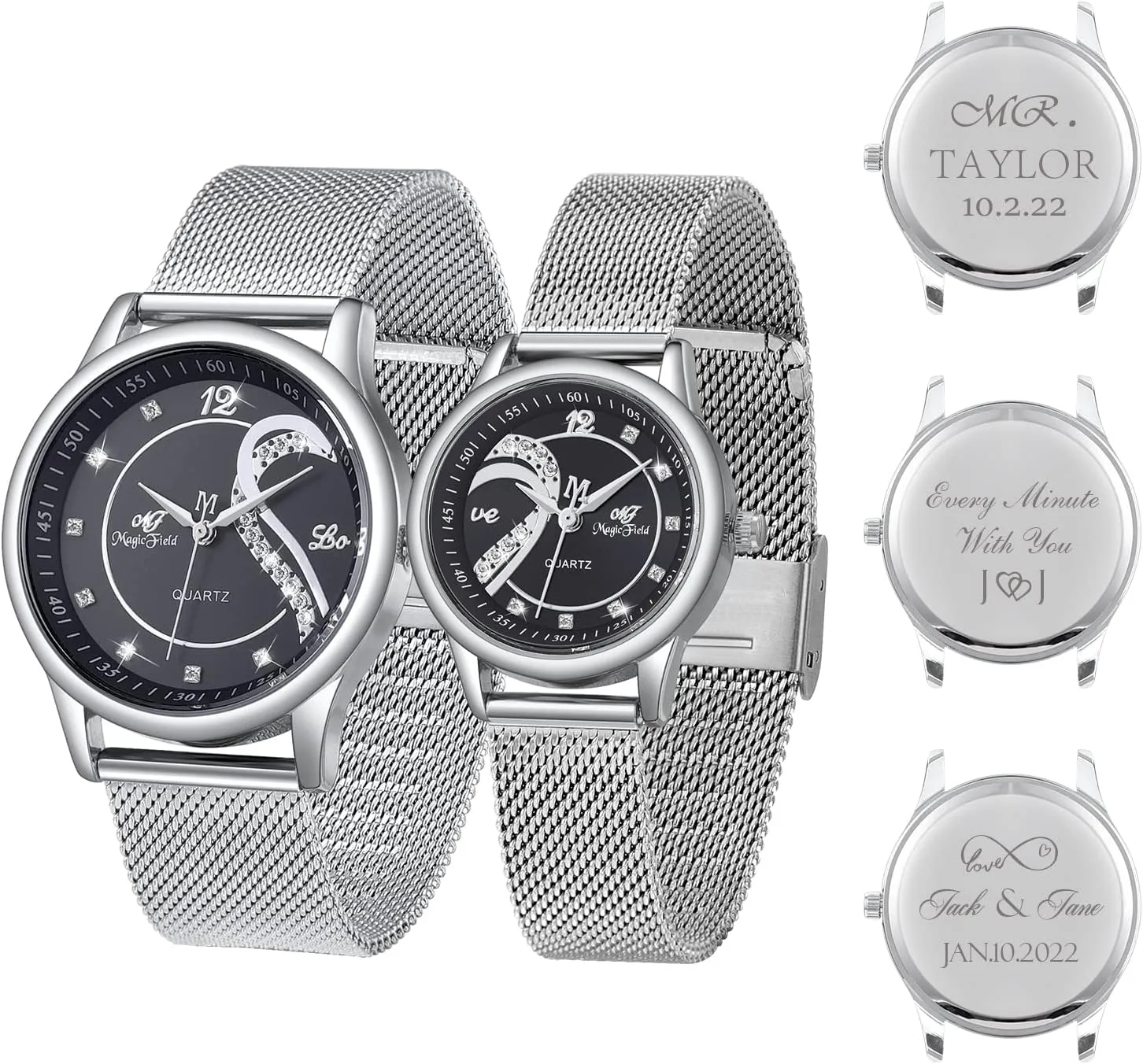 Quartz, Valentine's Day Anniversary,Silver and Black SIBOSUN Personalized Engraved Heart Watches Shaped Romantic Watches for Men and Women, Beautiful language Spain Gift Boxes, Couple Watches,Valentine's Day Gift, 