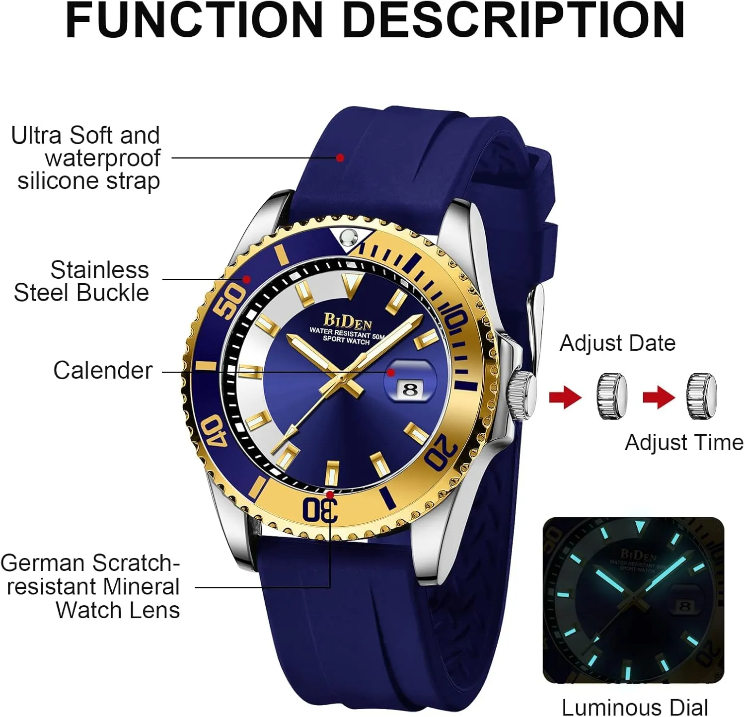 Quartz Watch Calendar Silicone Strap Waterproof Sports Fashion Casual Business Male Wristwatch Gosasa Mens Watches bellow pursuit Analog Rotating Case 