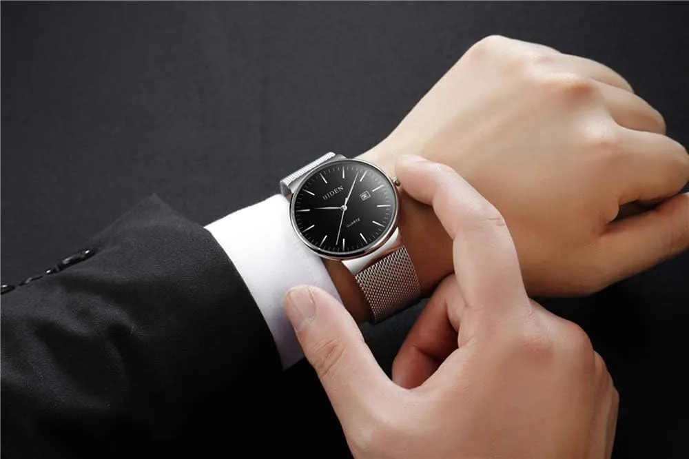 Quartz Watch Fashion Date Waterproof Watches MASTOP Men Watch Ultra Thin Watches Stainless chop Steel Mesh Band Dress 