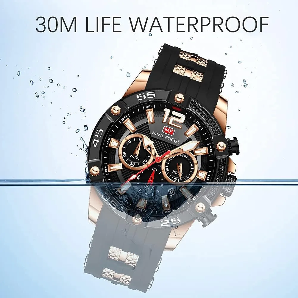 Quartz Watches Blue Silicon Strap Fashion Wristwatch for Men educable conceit MF MINI FOCUS Men Watch, Chronograph Waterproof Sport Analog 