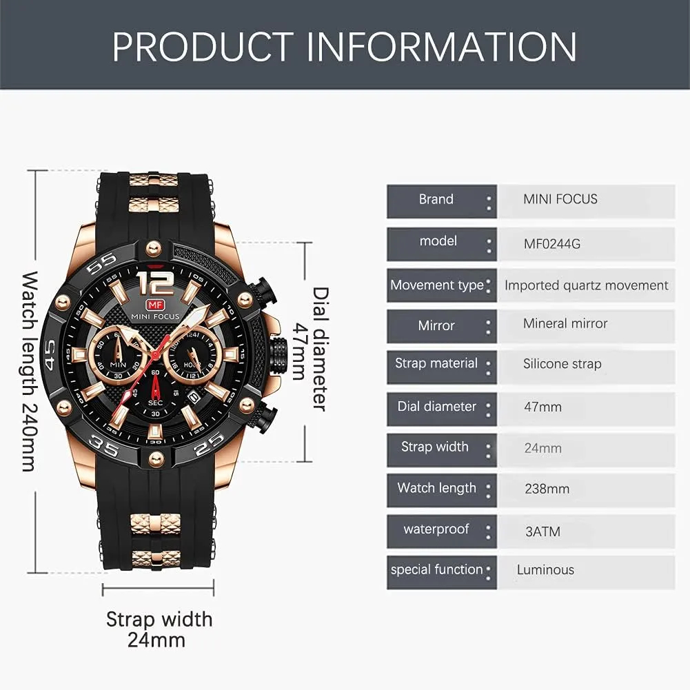 Quartz Watches Blue Silicon Strap Fashion Wristwatch for Men educable conceit MF MINI FOCUS Men Watch, Chronograph Waterproof Sport Analog 