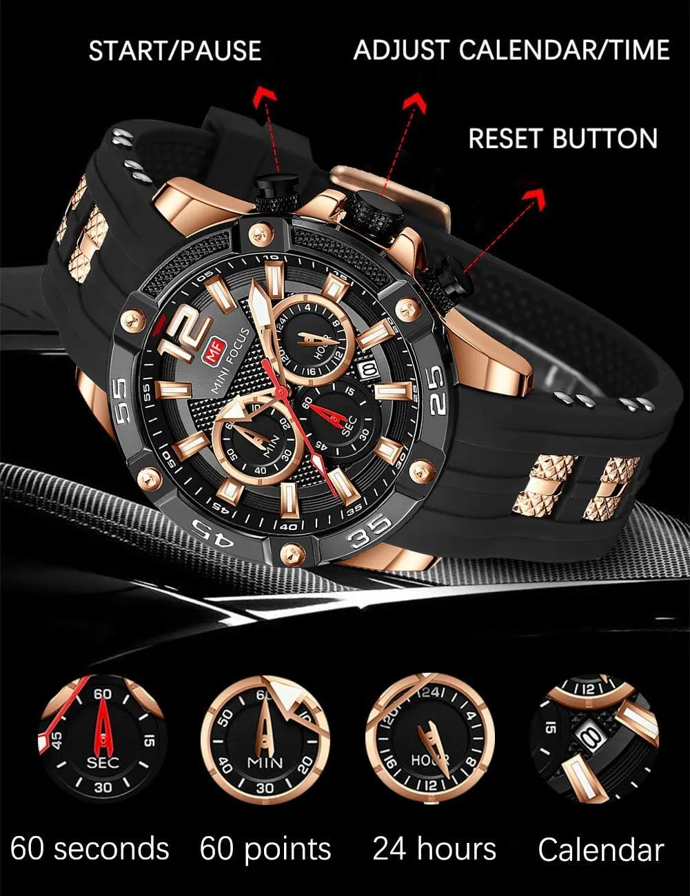 Quartz Watches Blue Silicon Strap Fashion Wristwatch for Men educable conceit MF MINI FOCUS Men Watch, Chronograph Waterproof Sport Analog 