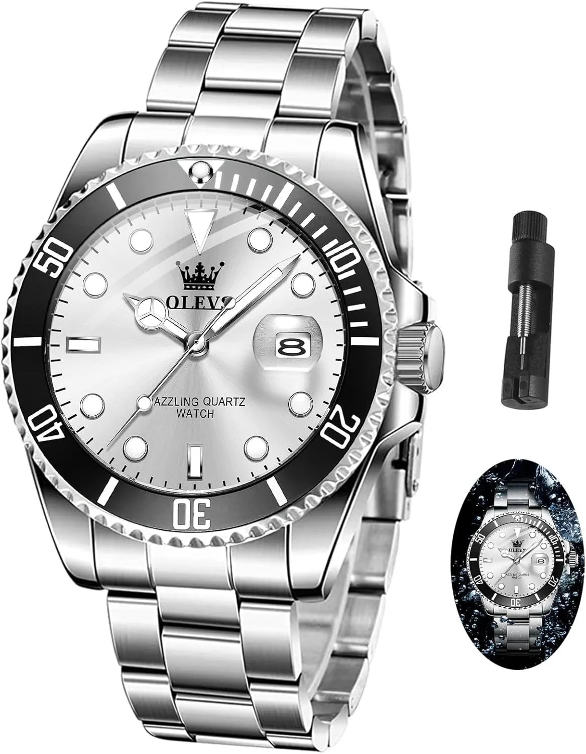 Quartz Watches for Man Classic Business Wristwatch Luxury Luminous Round for Men Rotatable Bezel summary Watch OLEVS Men Watch,Big Dial Watches for Men Stainless Steel Watch with Day Waterproof Analog 