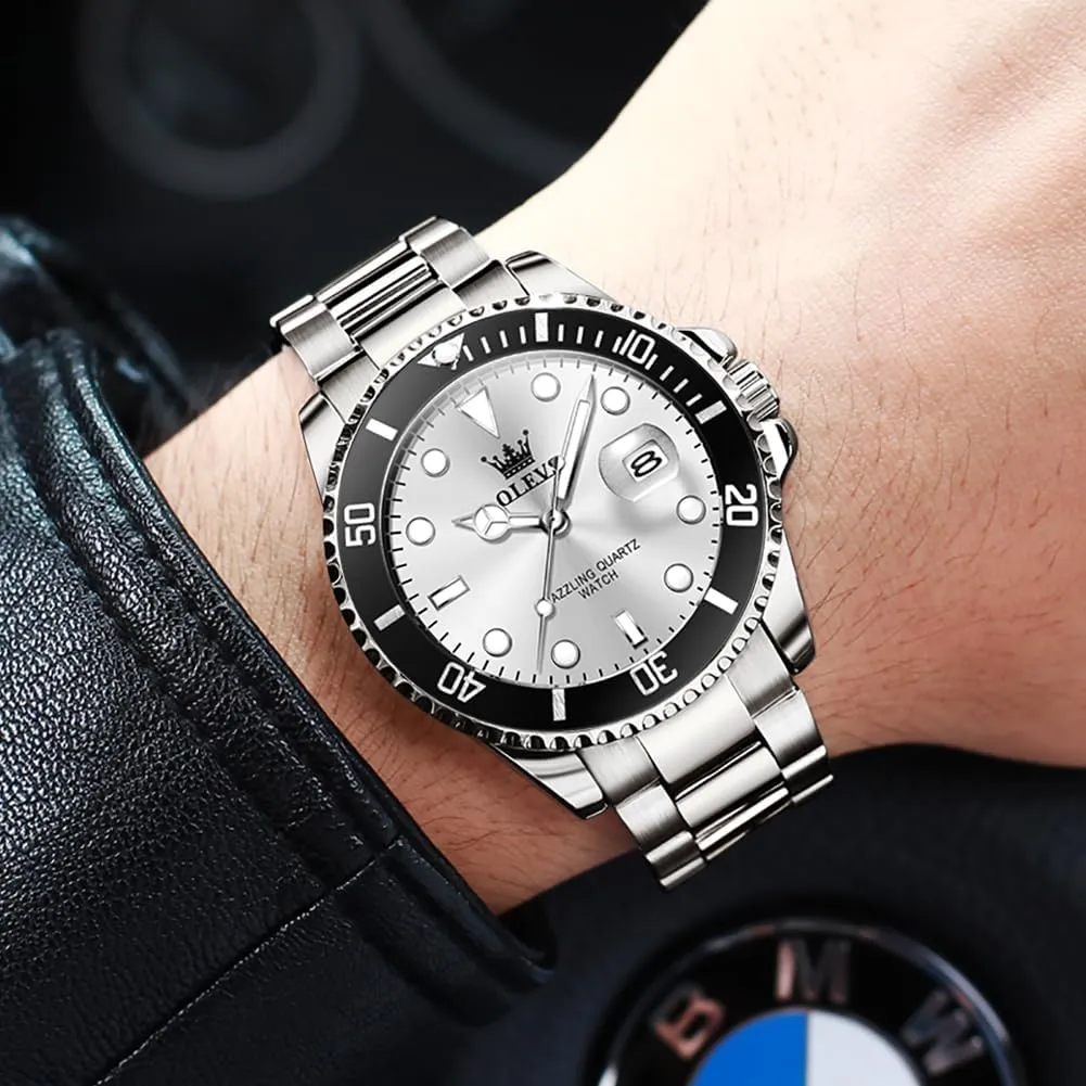 Quartz Watches for Man Classic Business Wristwatch Luxury Luminous Round for Men Rotatable Bezel summary Watch OLEVS Men Watch,Big Dial Watches for Men Stainless Steel Watch with Day Waterproof Analog 
