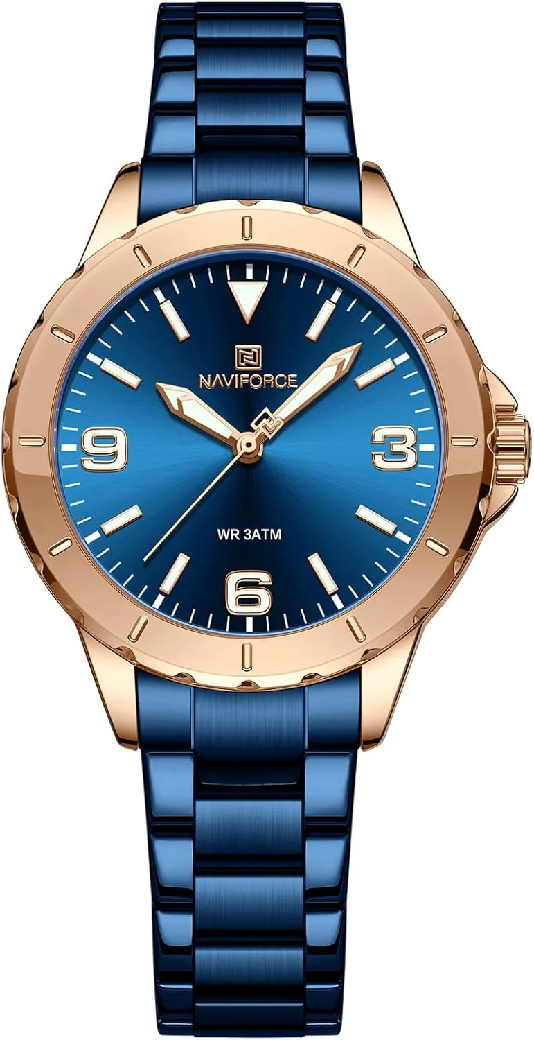 Quartz Waterproof Sports Watches Business Casual Wristwatch with Calendar Date (Blue) NAVIFORCE Stainless Steel Date Watch for outskirt tell Women Analog 