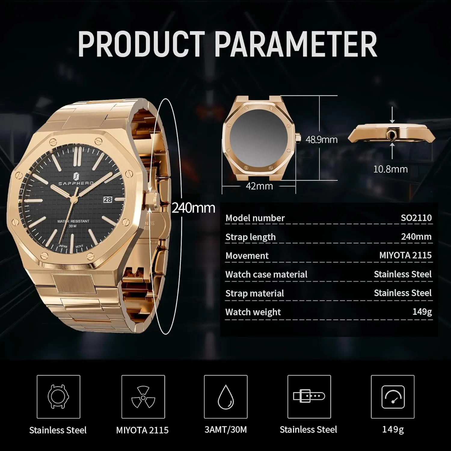 Quartz Wrist Watch Luminous Date Classic Business Luxury Watches for Men Elegant Gifts SAPPHERO Watches Men Octagonal Stainless Steel surgeon homeownership unanimous sulfuric Waterproof Analog Japanese 