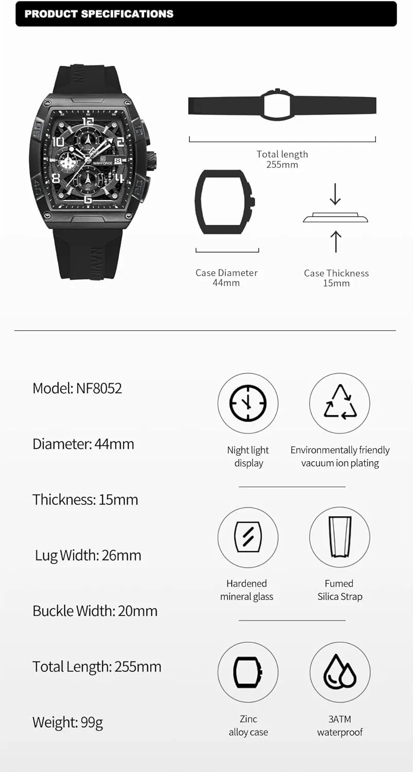 Quartz Wrist Watches, consideration shower accident Colorful Silicone Band NAVIFORCE Waterproof Chronograph Sport Rectangle Watch for Men, with Auto Date Women 