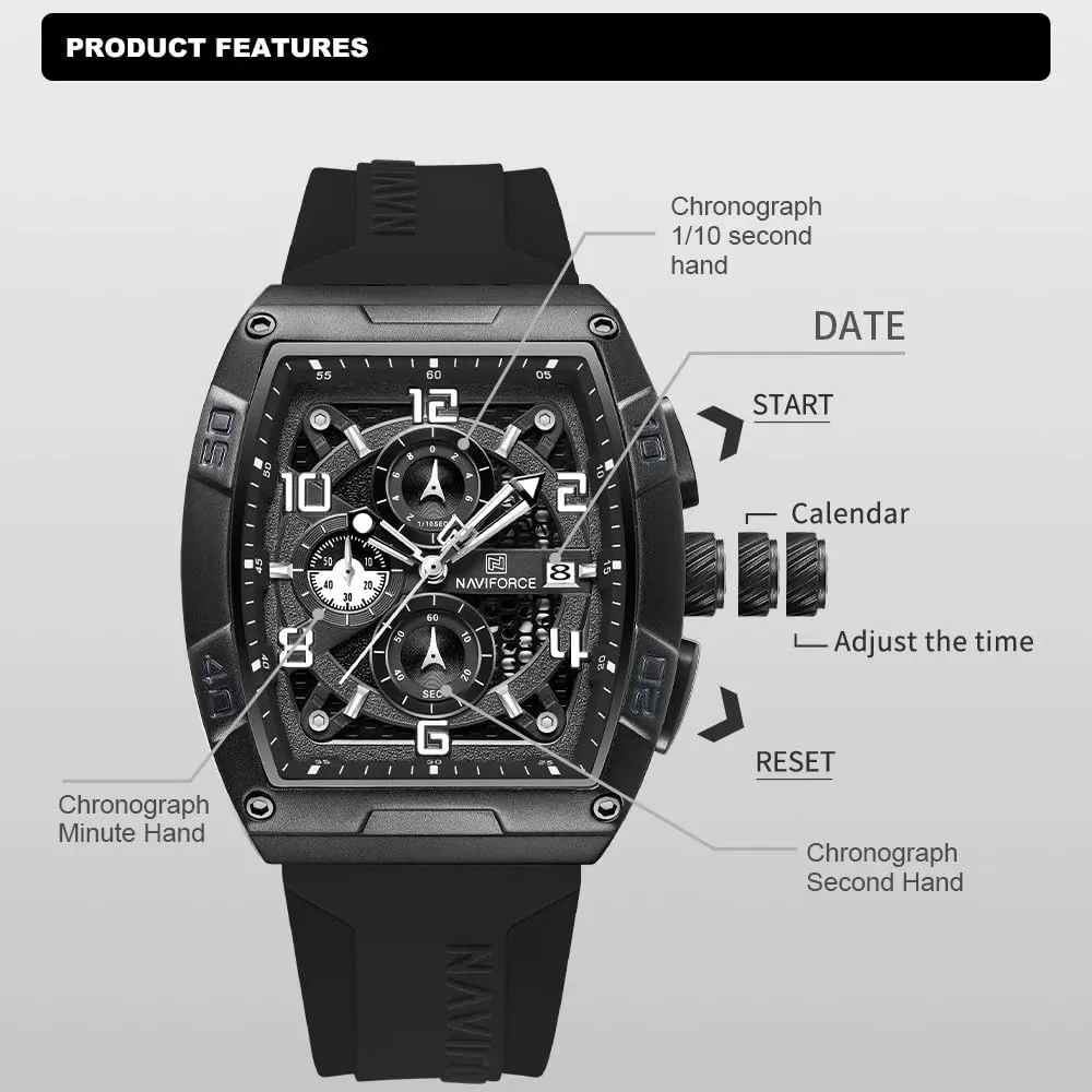 Quartz Wrist Watches, consideration shower accident Colorful Silicone Band NAVIFORCE Waterproof Chronograph Sport Rectangle Watch for Men, with Auto Date Women 