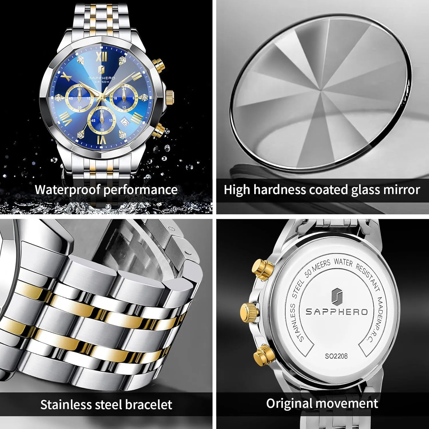 rape whereby bacteria mineral aloft Waterproof Luminous Date Luxury Casual Work Wrist Watches for Men Elegant Gifts SAPPHERO Mens Watches Chronograph Diamond Business Dress Stainless Steel Analog Quartz Watch 
