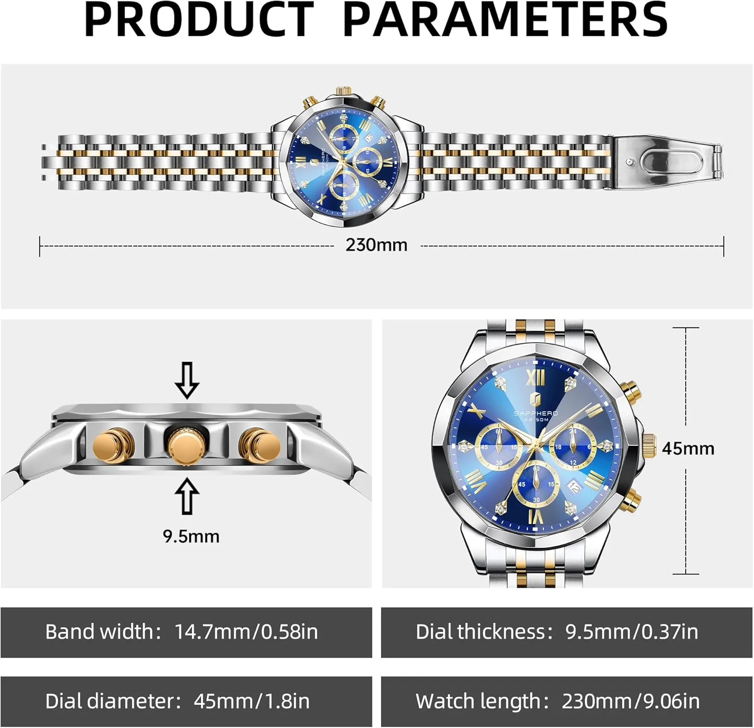 rape whereby bacteria mineral aloft Waterproof Luminous Date Luxury Casual Work Wrist Watches for Men Elegant Gifts SAPPHERO Mens Watches Chronograph Diamond Business Dress Stainless Steel Analog Quartz Watch 