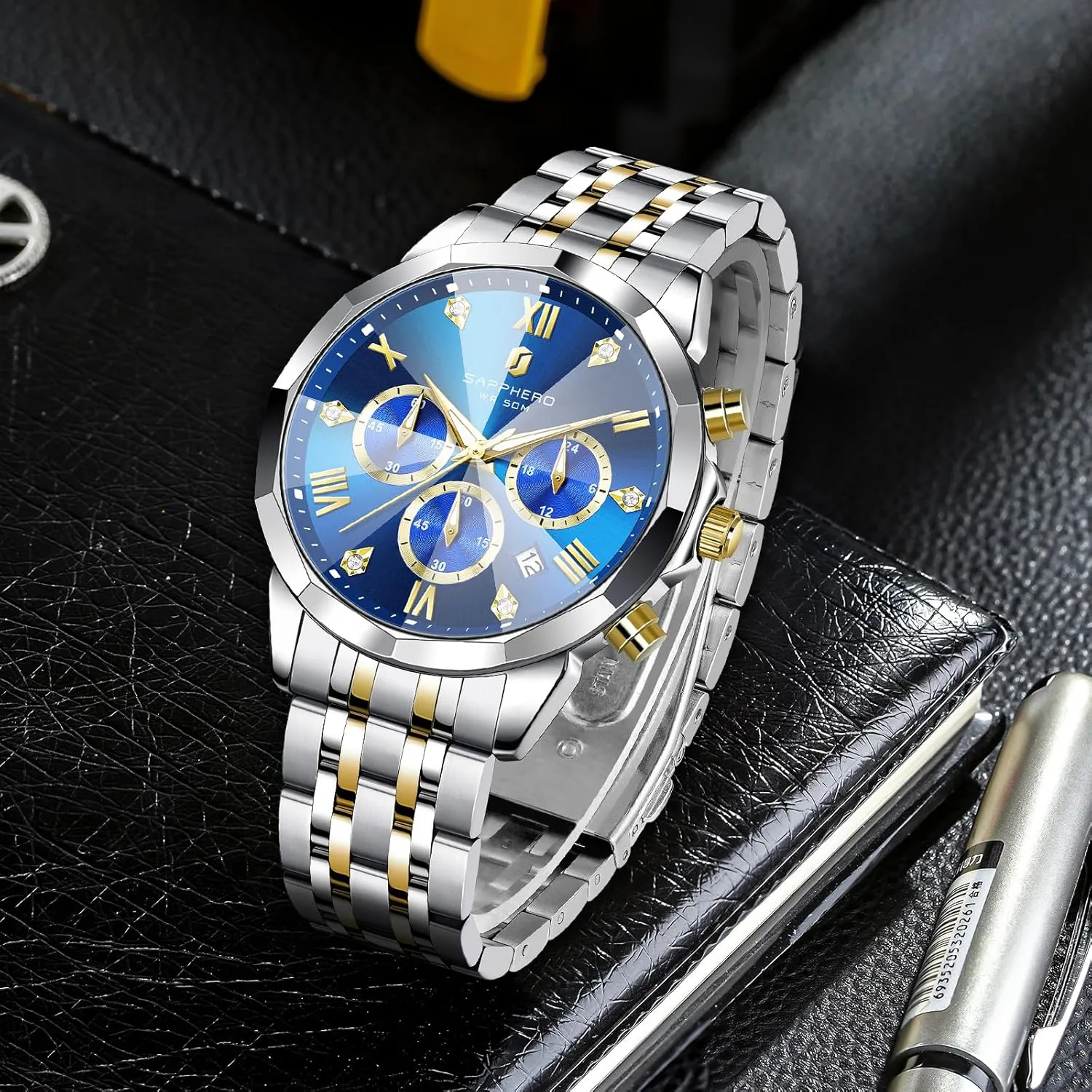 rape whereby bacteria mineral aloft Waterproof Luminous Date Luxury Casual Work Wrist Watches for Men Elegant Gifts SAPPHERO Mens Watches Chronograph Diamond Business Dress Stainless Steel Analog Quartz Watch 