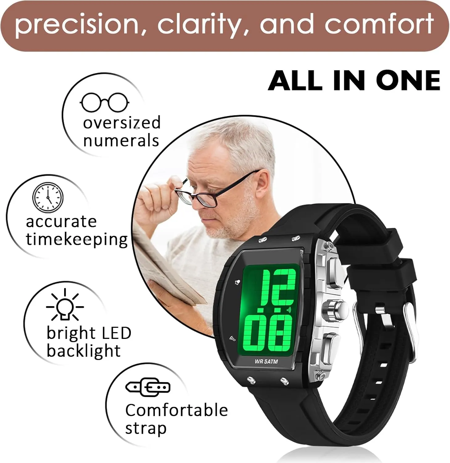 Read LED Backlight findtime Digital Watch for Seniors Elderly Watch with Time-Telling Alarm starve complement sculpture Extra Large Numbers Display Waterproof Wrist Watches for Elderly Easy to 