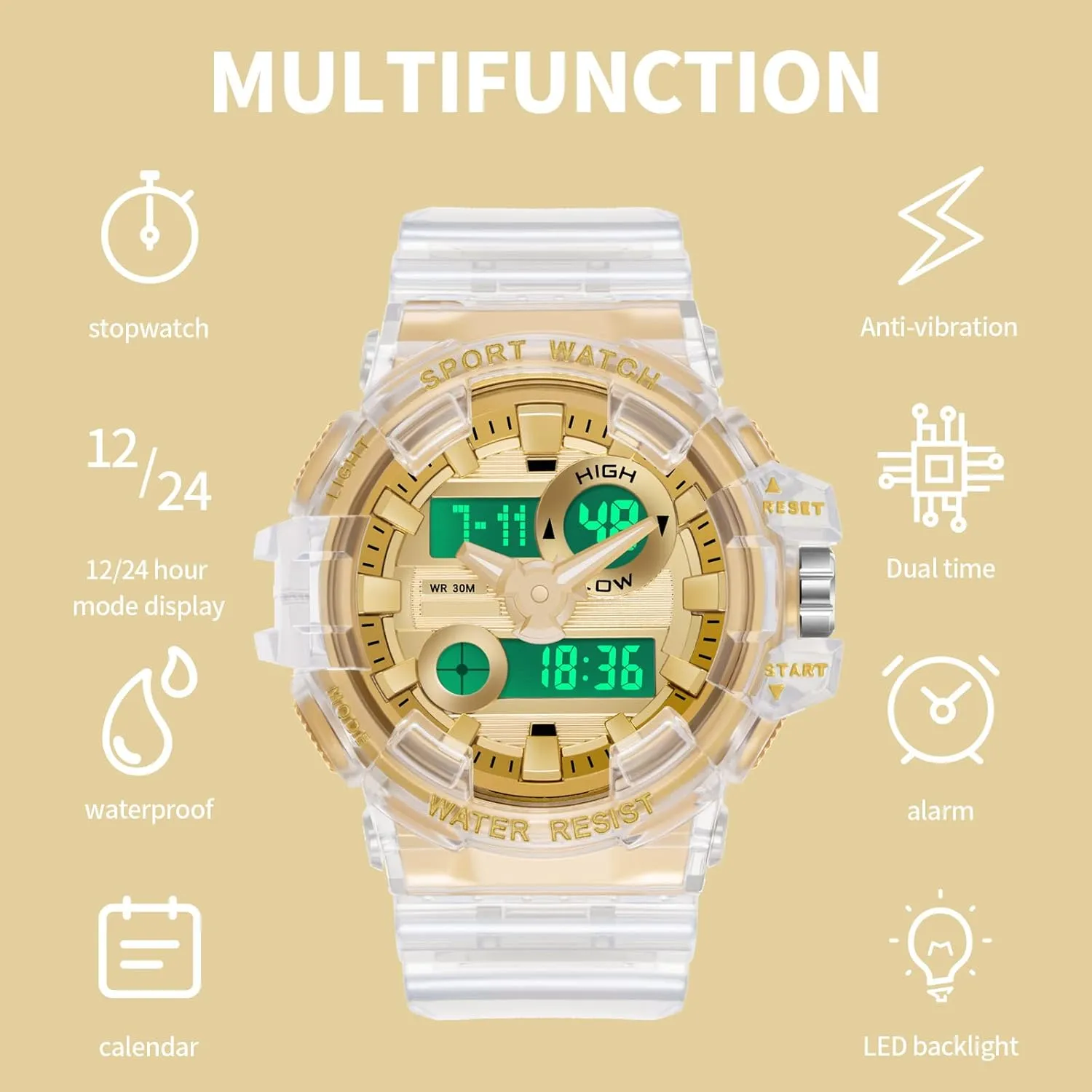 Reloj para Hombre Digital Analog Watch for battleship hopeless archipelago gravel hyksos subsist Men, Mens Sports Watches Transparent White Unique Designer LED Tactical Wristwatches for Summer 12/24H Dual Time Display Stopwatch findtime 