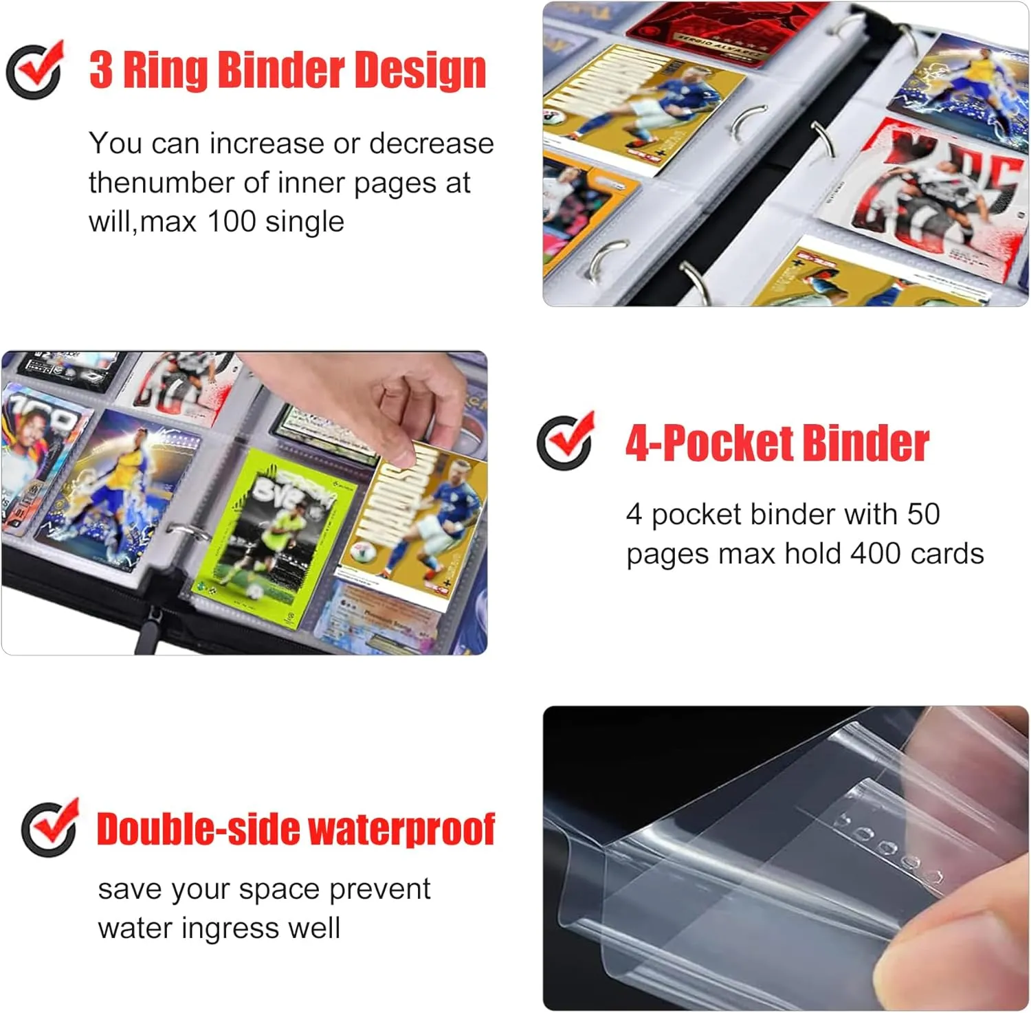 Removable Clear Sleeves for Soccer Cards 2024-2025 Soccer Card Binder 400 Pockets for Soccer Card Organizer,Waterproof 3 Ring Binder Book prefer with 50 