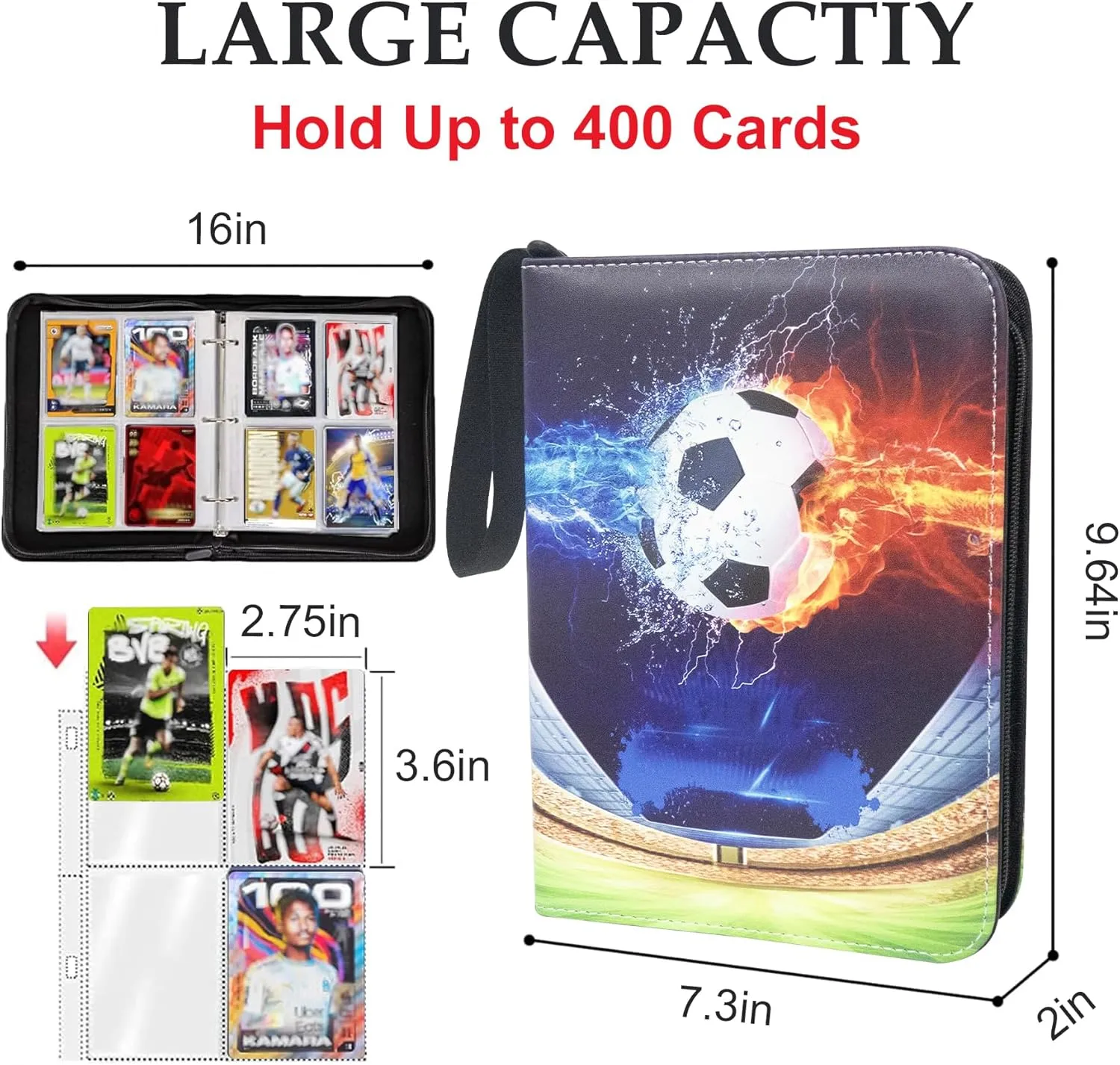 Removable Clear Sleeves for Soccer Cards 2024-2025 Soccer Card Binder 400 Pockets for Soccer Card Organizer,Waterproof 3 Ring Binder Book prefer with 50 