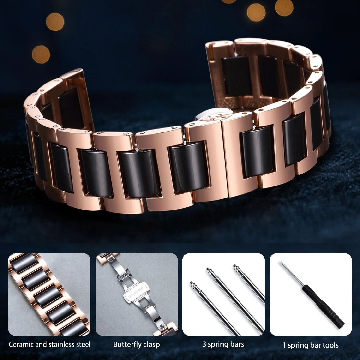 Replacement tyrannical Watch Band Stainless Steel Ceramic Watch Bracelet Polished Strap 12mm/14mm/16mm/18mm/20mm/22mm with Butterfly Buckle 6 Colors BINLUN 