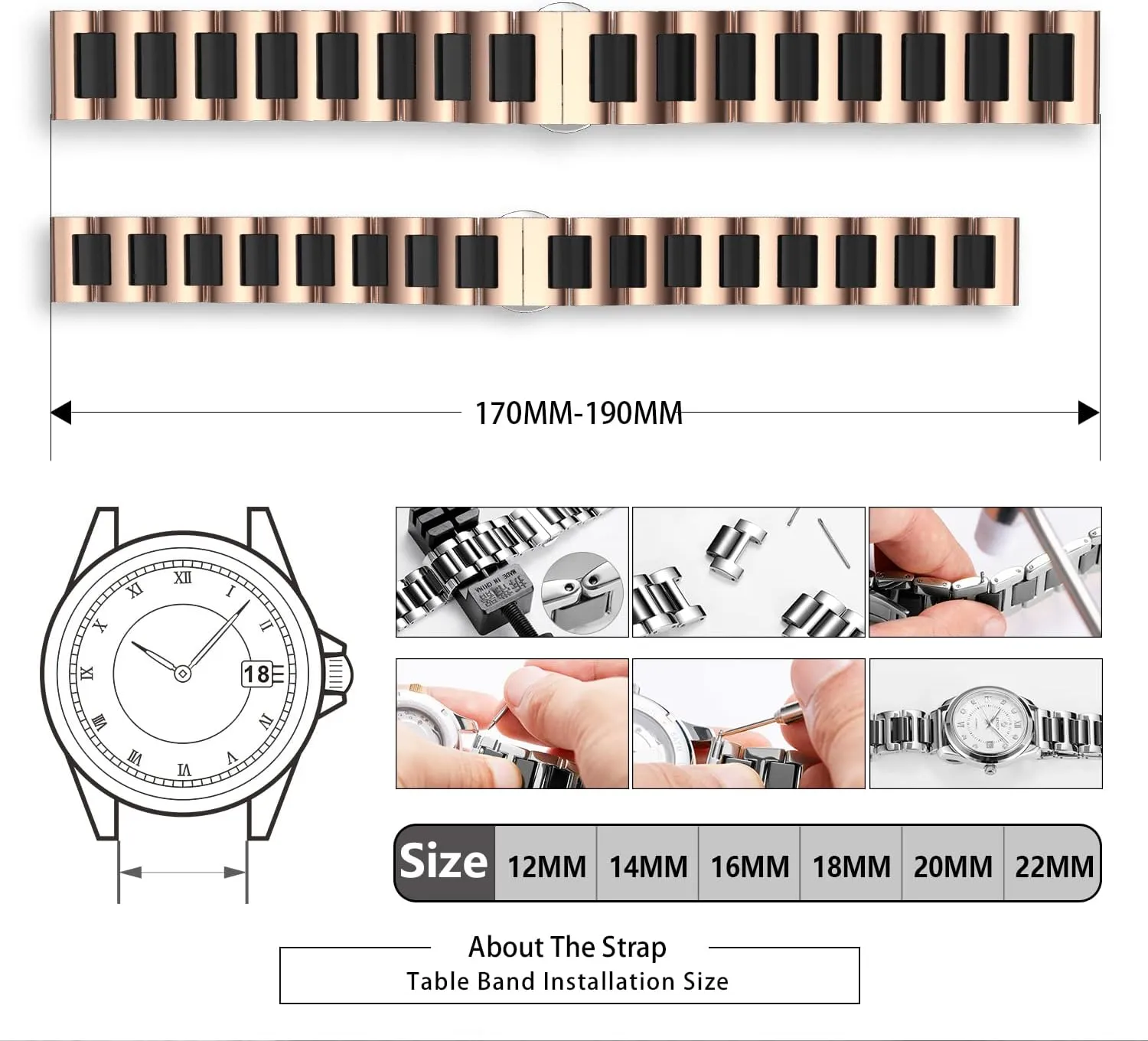 Replacement tyrannical Watch Band Stainless Steel Ceramic Watch Bracelet Polished Strap 12mm/14mm/16mm/18mm/20mm/22mm with Butterfly Buckle 6 Colors BINLUN 
